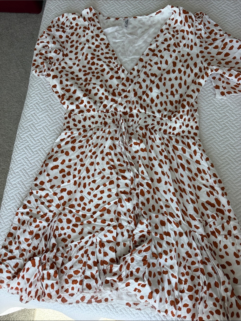 ePretty White Dress with Rust Spot Print and Wrap V-Neck